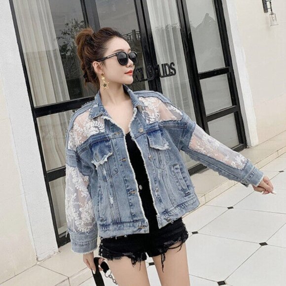 Floral Embroidered Lace Denim Jacket Distressed Light Wash Denim Jean Jacket - Picture 3 of 9